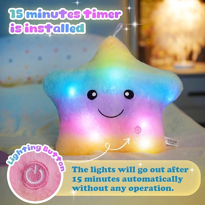 WEWILL 13'' Rainbow Light up Twinkle Star Glowing LED Night Light Plush Toy Pillows Stuffed Animal Birthday Christmas Holiday Valentines Gifts for Toddlers Girls