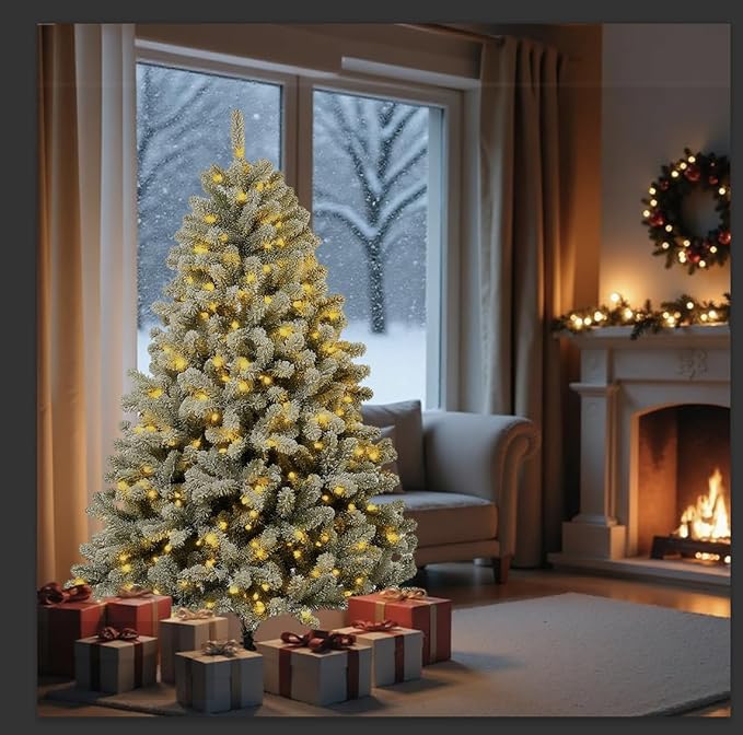 6ft Pre-Lit Snow Flocked Christmas Tree with 300 White Lights, 840 Full PVC Branch Tips,Mixed Green & White, Hinged Quick-Assembly Design, Lush Artificial Xmas Tree for Holiday Home Décor