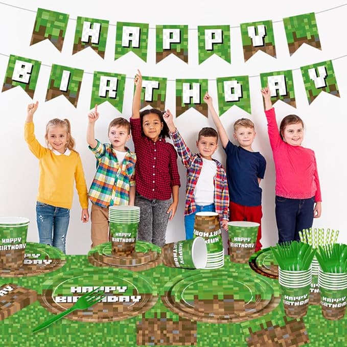 218pcs Green Birthday Party Decorations Plates Napkins Banner Tablecloth Disposable Paper Cups Straws Green Forks Party Supplies Tableware Set for Boys Kid Teen Birthday Decor Serves 24