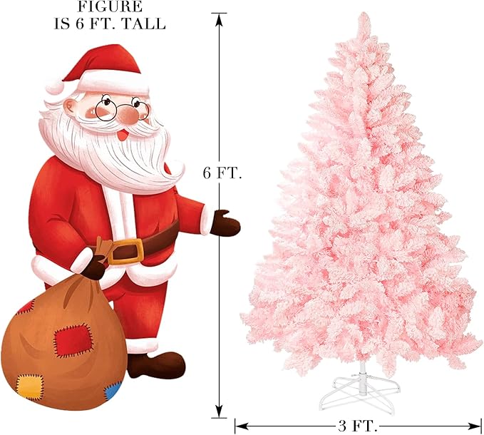 SUNCROWN 6ft Artificial Flocked Christmas Tree Premium Frosted Snow Christmas Tree Hinged Xmas Tree Holiday Decor for Indoor Outdoor, Foldable Metal Stand, 1000 Branch Tips, Pink
