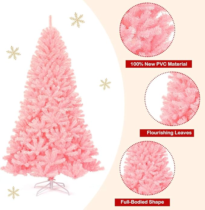 GOFLAME 7.5 ft Pink Artificial Christmas Tree, Hinged Spruce Full Tree w/Foldable Metal Stand, Cherry Blossom Color, 1036 Tips Christmas Tree for Home Office Party Decoration, Easy Assembly