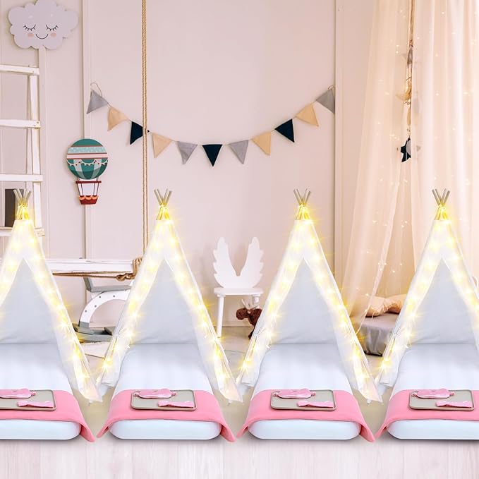 Windyun 6 Pack Kids Teepee Tent Bulk with Light and Inflatable Airbed, Natural Cotton Toddler Play Tent Washable for Girls Boys Indoor Outdoor Slumber Party Birthday Gifts (White)