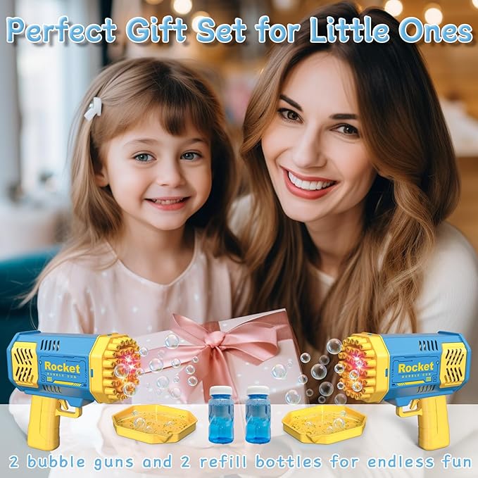 2 Bubble Gun with 2 Bottles Refill Solution for Kids, 40-Hole Light Up Rocket Bubble Machine for Toddlers 1-3, Blue Bubble Blaster Maker, Party Favors Toys for Boys Girls 4-8 Birthday Gifts