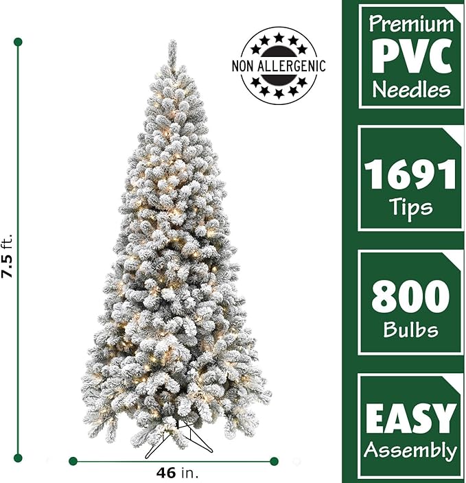 Fraser Hill Farm 7.5-Ft. Alaskan Pine Flocked Artificial Christmas Tree with White Incandescent Smart Lights and Stand, Prelit Foldable Fake Tree with Realistic Snowy Foliage for Home Decoration
