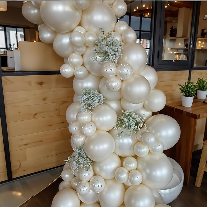 Pearl White Double-Stuffed Balloons Arch Garland Kit, 60 Pack 18/12/10/5 Inch Different Size Sand White Pearl Ivory Balloons for Wedding Bridal Shower Anniversary Birthday Engagement Decor