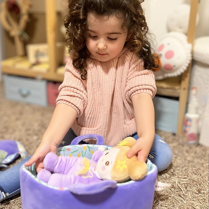 OUOZZZ 10" Soft Baby Doll Set with Plush Doll, Bassinet, Blanket and Bottle, Pretend Playset for Emotional Social Education Doll for 2 Year Olds Girls Christmas Birthday Gift Purple