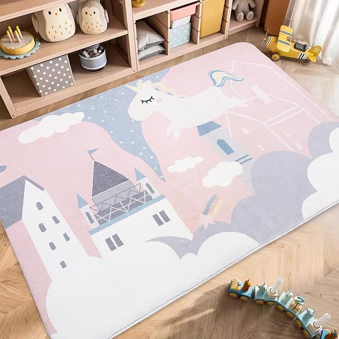 ABREEZE Kids Rug Play Mat, Ultra Soft Pink Unicorn Nursery Rug, 5'x6.6', Non Slip for Kids Room, Baby, Bedroom, Playroom, Living Room