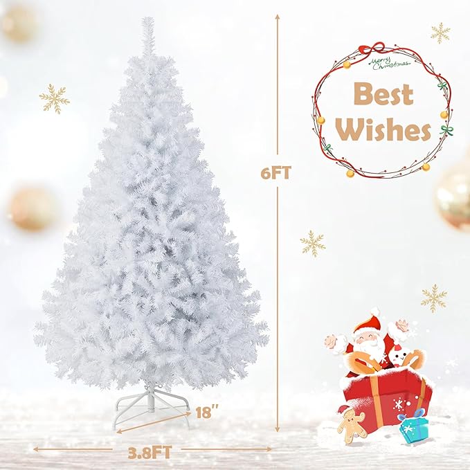 GOFLAME 6FT White Christmas Tree, Artificial Hinged Christmas Tree with 1000 PVC Branch Tips and Folding Metal Stand, Indoor Outdoor Xmas Decoration Tree for Home Office Party, Easy Setup