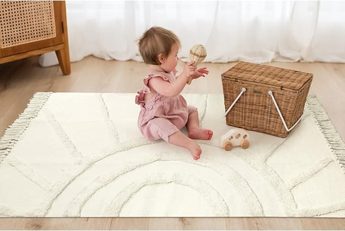 OJIA Boho Area Rug 3'X5', Washable Rugs Entryway Rug Cotton Woven Bedroom Rug Farmhouse Accent Throw Rugs Bohemian Tufted Sun Rug Floor Carpet for Laundry Living Room Kitchen