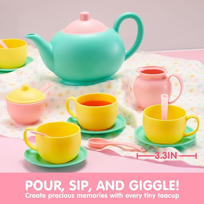 JOYIN 18PCS Pretend Tea Party Set Play Food Accessories BPA Free, Phthalates Free, Plastic Tea Set, Mini Kitchen for Kids, Gifts for Toddler Boys Girls, Gift for Christmas