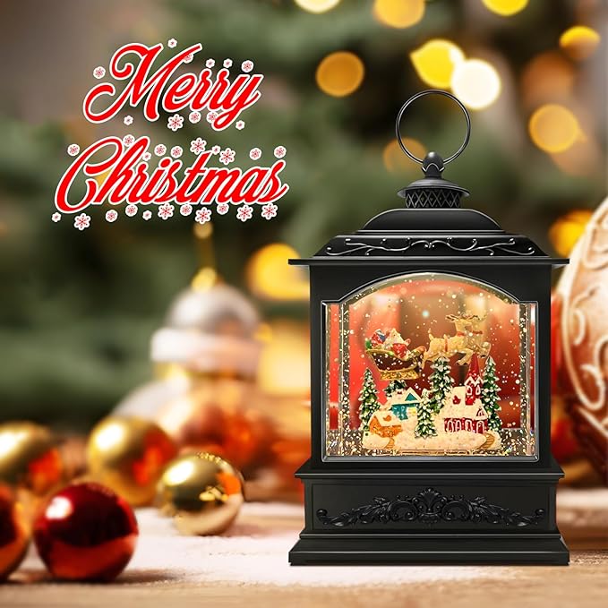 Musical Christmas Snow Globe Lantern with Flying Santa, Swirling Glitter Lighted Water Lantern, 6H Timer, USB or Battery Powered Holiday Decoration