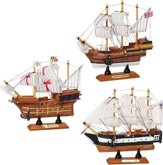 Historic Wooden Ship Models 6inch Set 3 Pack, Mayflower, Santa Maria, USS Constitution, Nautical Home Sailboat Decor Gift for Son