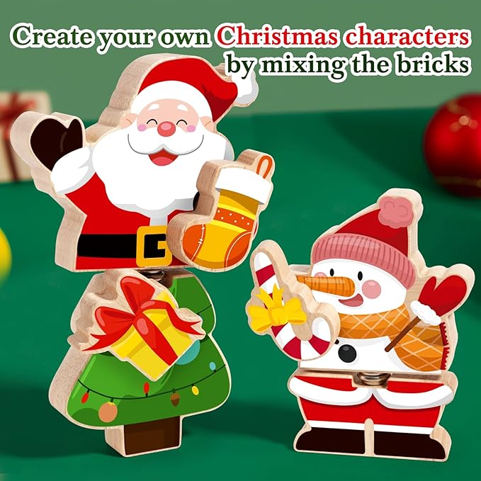 HUZU Christmas Snap Together Building Blocks Toy, Santa, Reindeer, Snowman, Christmas Tree Take Apart Characters, 3 4 5 6 7 8 Years Old Kids Wooden Puzzle, STEM Fine Motor Skill Christmas