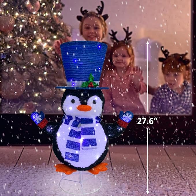 Lighted Penguin Outdoor Christmas Decorations, Pop-Up Penguin Outdoor Décor Prelit 60 Lights, Collapsible Lighted Blue Christmas Decorations for Porch, Yard, Garden-Blue