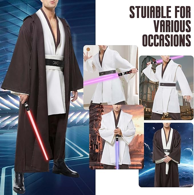 Men's Tunic Cosplay Costume with 2 PCS Light Up Saber Tunic Hooded Robe Full Set for Halloween Party