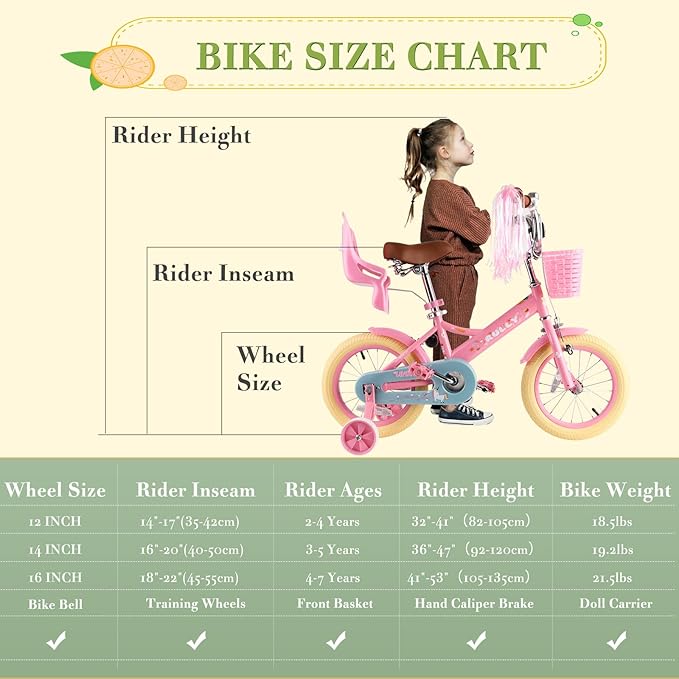 RULLY Kids Bike 12 14 16 inch for 2-7 Years Girls with Training Wheels & Front Handbrake, Kids Bicycle with Basket Bike Streamers Toddler Cycle Bikes