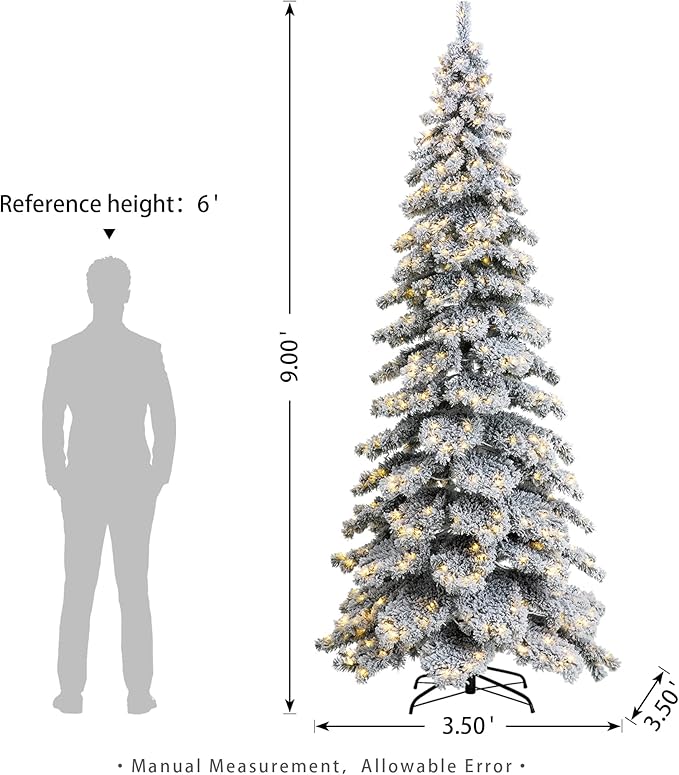 Glitzhome 9ft Pre-Lit Flocked Layered Spruce Artificial Christmas Tree, Large Elegant Snowfall Spruce Xmas Tree for Holiday New Year Home Decor