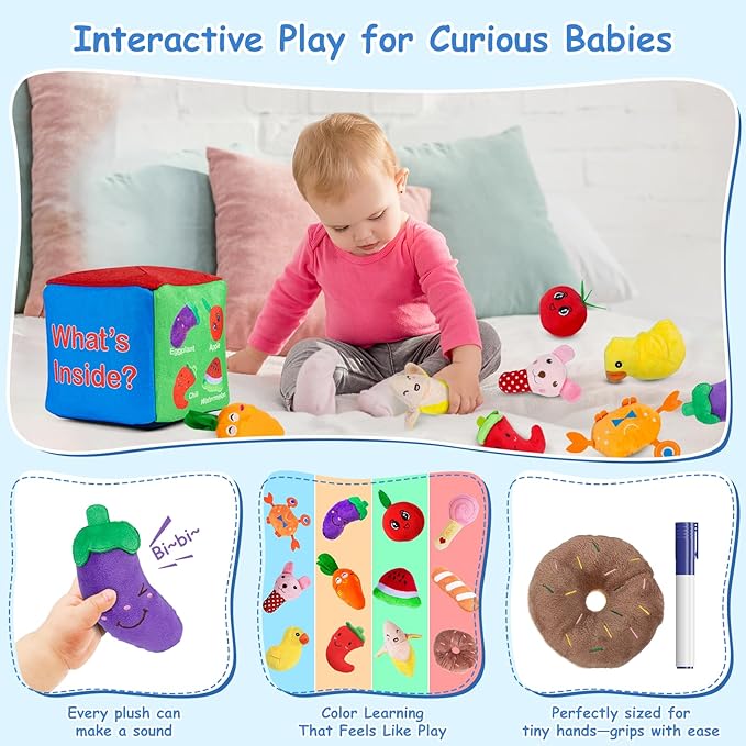 Baby Mystery Soft Box Toys, Plush Felt Box with 12 Toys, Sound Learning Set, What's Inside Montessori Cognitive Play for Toddlers 6 Months+, Birthday Gifts for Boys Girls