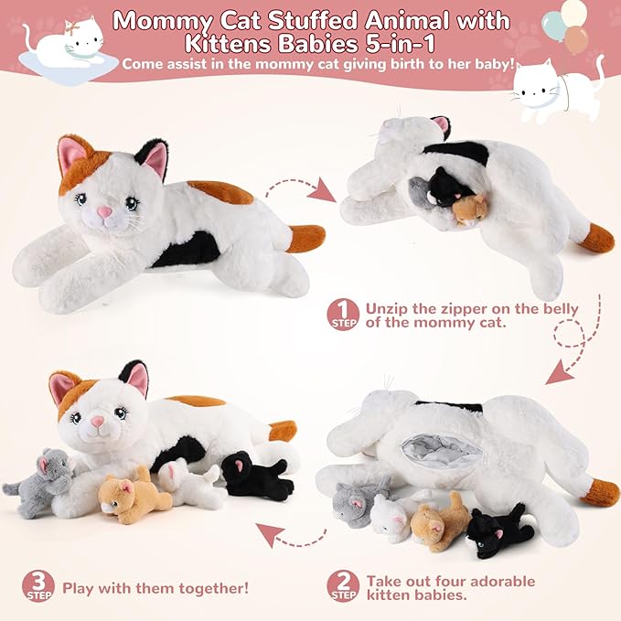 5 Pieces Cat Stuffed Animals with Babies Inside Belly - 1 Mommy Stuffed Cat with 4 Kittens - Stuffed Kitty Plush Toys for Kids Age 3-8, Gifts Ideal for Christmas, Valentine's, Birthday