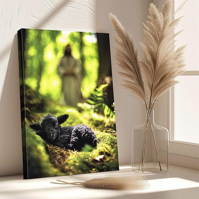 AbcCustomize Jesus Running After Lost Lamb Christian Wall Decor, Religious Wall Decor for Home, Jesus Wall Art Canvas Prints Ready to Hang, Inspirational Christian Art for Prayer Room, Baptism Gift