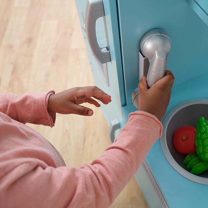 KidKraft Vintage Wooden Play Kitchen with Pretend Ice Maker and Play Phone, Blue