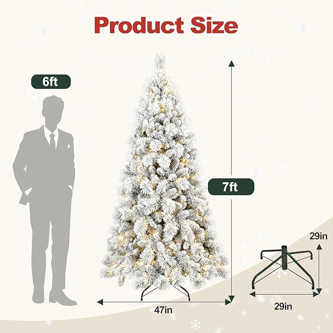 7 Ft Prelit Snow Flocked Christmas Tree with 450 Warm LED Lights, Premium Artificial Xmas Tree with 1060 Realistic Branch Tips, Metal Stand for Indoor Home/Office Holiday Decor (Easy Assembly)