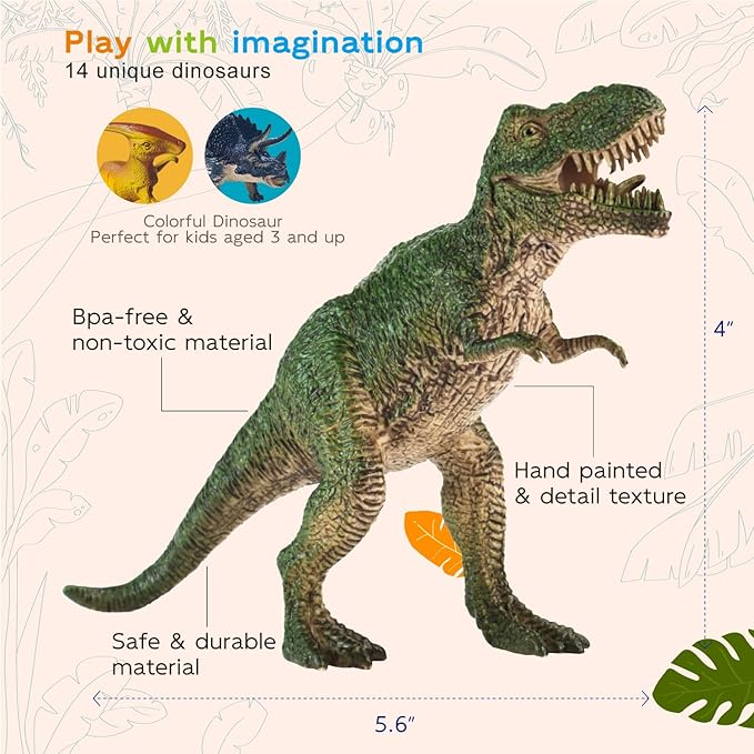 Dinosaur Toys for Kids 3-5 5-7 - 14 Realistic Plastic Dinosaur Figures Set with Storage Box & Learning Booklet - Educational Dino Figure Toys for Boys Girls Toddlers