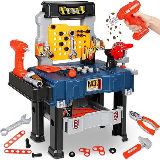 Kids Tool Set with Workbench Realistic Tool Pretend Play Toys for 3 4+Year Old Boy Toys Electric Drill Transformable Construction Learning Toy Work Bench Christmas Birthday Gift Toddler Girl Age 3-5