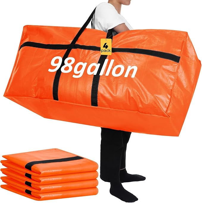 Windyun 4 Pack 98 Gallon Extra Large Storage Bags XXL Moving Bags with Zipper Handles Heavy Duty Jumbo Big Totes Box for Halloween Skeleton 4-12 Feet Christmas Tree Storage College Dorm Cloth (Orange)