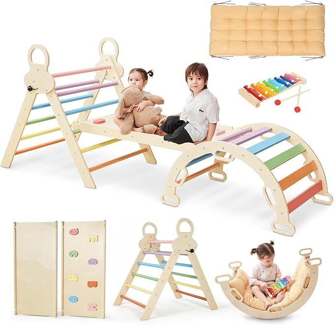 Pikler Triangle Set for Kids, 8 in 1 Colorful Montessori Large Climbing Toys for Toddlers 1-6 Inside with Ramp, Arch and Foldable Triangle, Wooden Child Indoor Playground