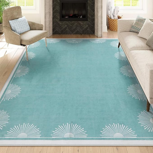 Modern Bedroom Rug 8x10 Under Bed, Low Pile Teal Washable Rugs for Living Room,Soft Sun Printed Large Rug,Aqua Dining Room Rugs for Under Table Classroom Dorm(8x10ft,Teal)