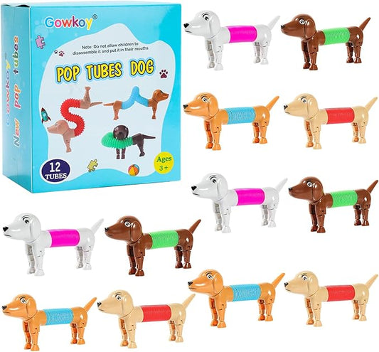 Dog pop Tubes fidgets, Animal pop Tubes, Sensory Toys for Kids 5-7, fidgets for Toddlers（12 Pcs Dog）