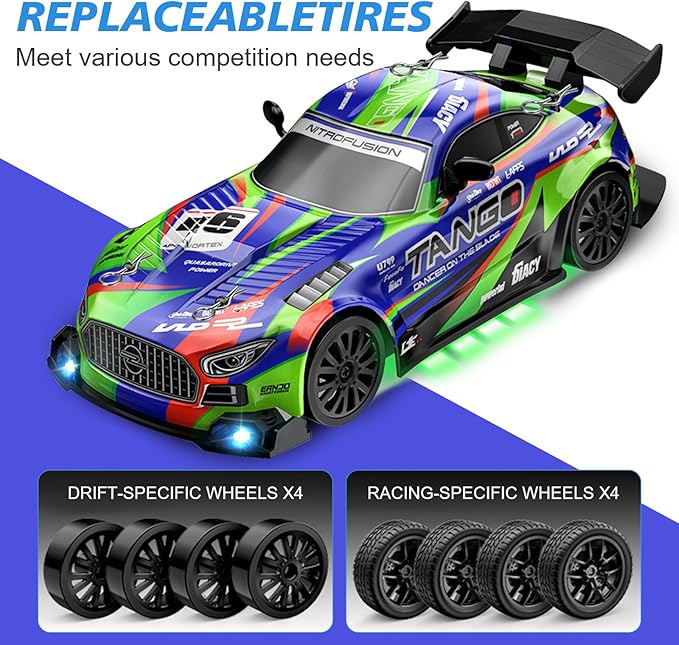 Drift RC Car for Electric Toy Car Hobby Racing Car Toys with Controller,1:24 4WD High Speed RC Drift Cars with LED Lights,Drifting Tires＆Two Batteries, for Adults & Kids