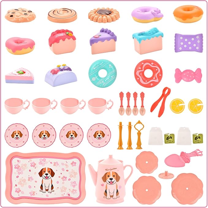 Dog Toys for Kids – Plastic Tea Party Set for Toddlers & Little Girls Ages 3-8, Puppy-Themed Pretend Play Kitchen Toy with Teapot, Cups, Saucers, Desserts & Tray | Birthday Gift Idea