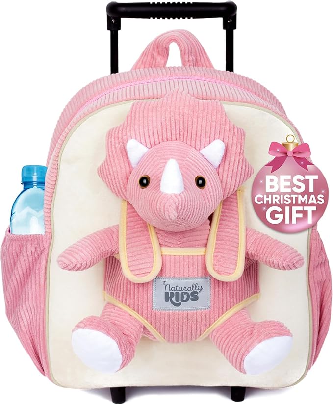 Toddler Luggage for Girls w Dinosaur Toys, Kids Rolling Backpack Girls, Toddler Suitcase, Gifts for 3 4 5 6 Year Old