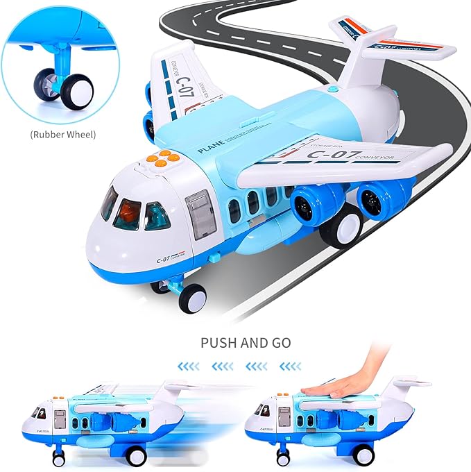 iHaHa Spray Airplane Toys for Boys Girls, Large Transport Cargo Airplane with 6 Construction Vehicle 10 Road Signs 1 Play Mat, Plane Toy with Lights Sounds for Boys Age 3 4 5 6