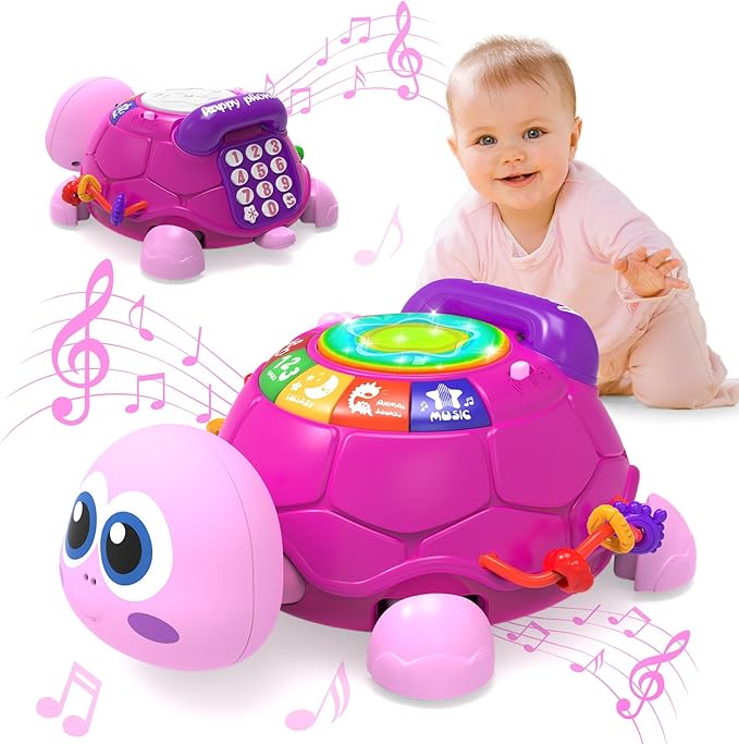 Musical Turtle Baby Toys 6-12 Months，Baby Crawling Toys for 12-18 Months,Early Learning Toy with Light&Sound,Tummy Time Toys Gifts for 3-6 4 5 7 8 9-12 18 Month Boy Girl（Pink）
