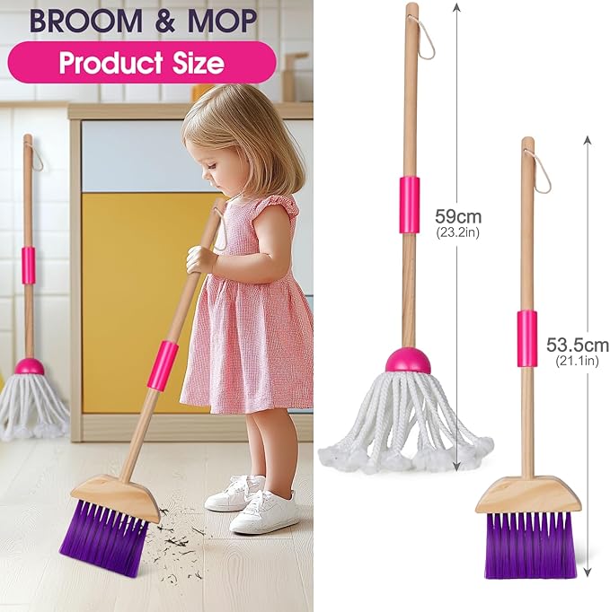 Masthome 8 Pieces Kids Cleaning Set,Wooden Cleaning Toys for Kids Broom Dustpan Mop Brush Duster Rag Sponge and Hanging Stand,Skill Developmental Pretend Play Kit for Toddlers,Children