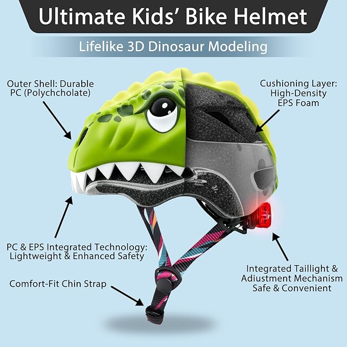 KINGBIKE Toddler Helmet 2-3-5-8 Years Kids Balance Bike Helmets Size Adjustable 3D Dinosaur with Led Light for Skateboard Scooter Cycling Skaterolling
