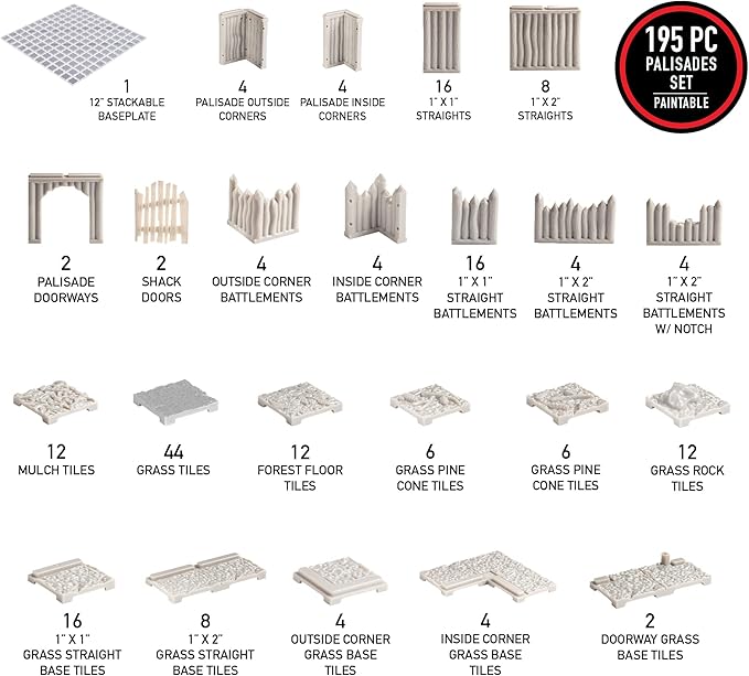 Monster Adventure Terrain 195Pc Paintable Palisade Base Set Fully Modular, Stackable 3D Tabletop World Builder - Perfect for DND Dungeons Dragons, Pathfinder & All RPG Games