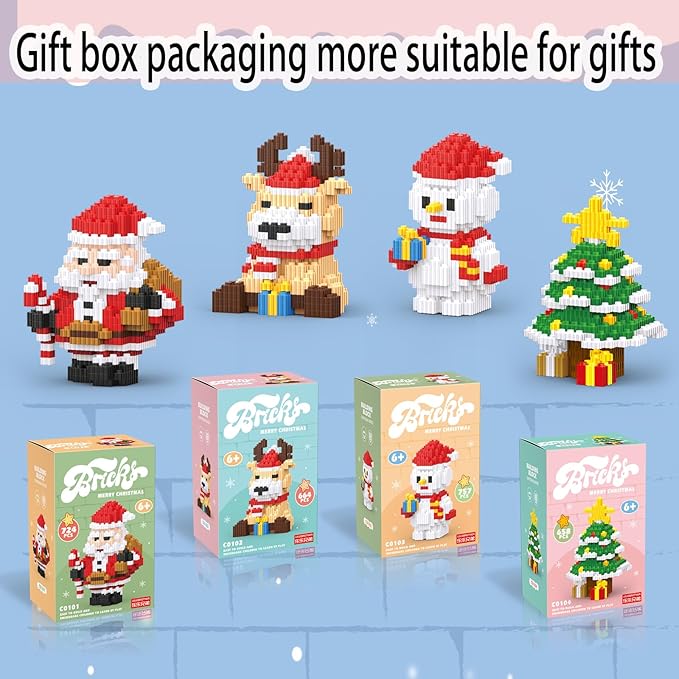 Christmas Building Blocks Set 4 in 1 Compatible with Lego Christmas Micro Blocks Stacking New Toys Holiday Present Box New Year Birthday Gifts for Kids 7 8 9 10 11 12 Years Old (4IN 1)