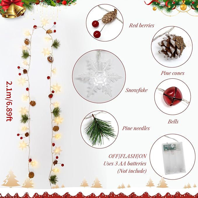 Christmas Garland with 20 Snowflake Light 6.8FT Christmas Lights 1pcs Battery Operated Snowflake Light with Bells for Fireplace Bedroom Garden Party Home Indoor Outdoor Xmas Tree Decorations
