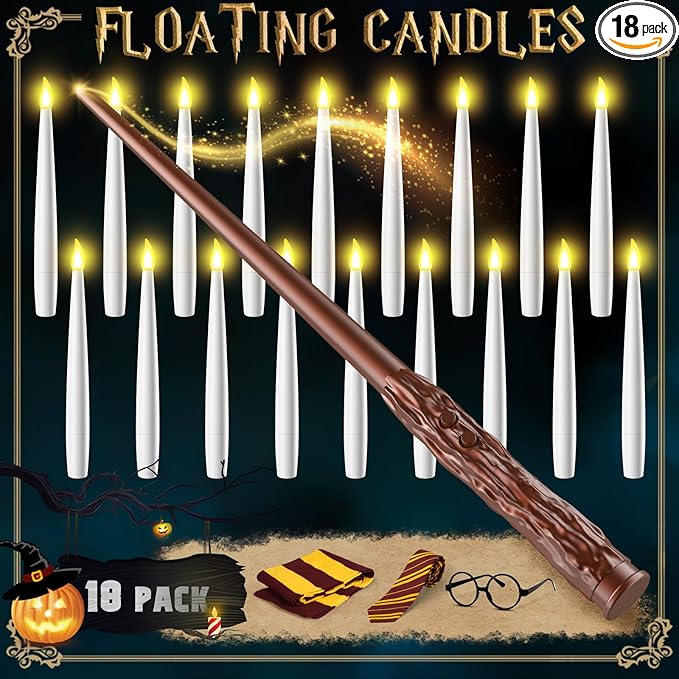 Floating Candles with Wand - Halloween Decorations Magic Flameless Candles Flickering Warm Light LED Hanging Candle Remote, Battery Operated Candles for Christmas Outdoor Indoor Party Decor