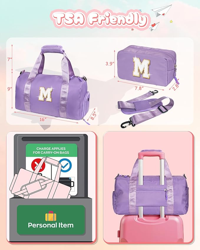 9 Year Old Girl Birthday Gifts-Girl Gym Bag with Shoe Compartment, Kid Personalized Weekender Overnight Bags, Travel Tote with Makeup Pouch, Easter Gift 5 6 7 8 9 10 Year Old (Letter N)