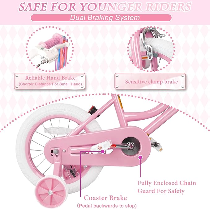 KORIMEFA Girls Bikes Ages 2-4 4-6 6-8 with Training Wheels 12 14 16 Inch, Little Small Kids Princess Toddler Bicycle with Streamers, Pedal Bike with Basket and Doll Seat, Coaster Brake, Birthday Gift