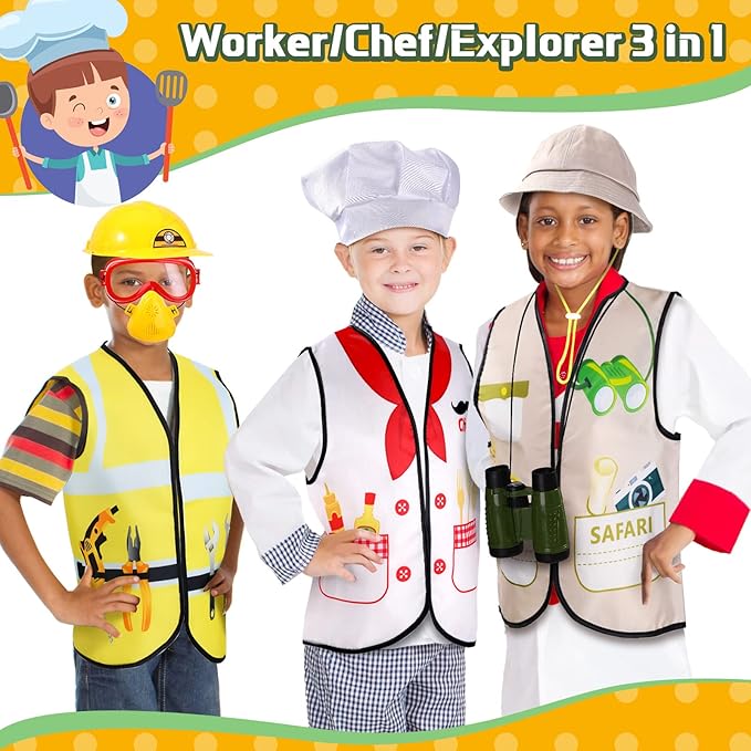 Deekin 3 Sets Kids Dress Up and Pretend Clothes with Plastic Toys for Toddler 3-7 Ages, Role Play Construction Worker, Chef, Explorer Dress Up Vest for Boys Girls Costumes Accessories Play