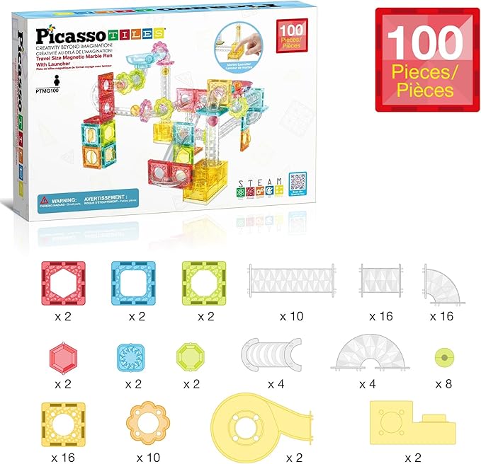 PicassoTiles 100pc Magnetic Marble Run Travel Size Tile Blocks Construction Kids Toy Set On The Go Mini Magnet Tiles Marbles Playset for Race Track Building Block STEM Learning Kit Boy Girl 3+ PTMG100