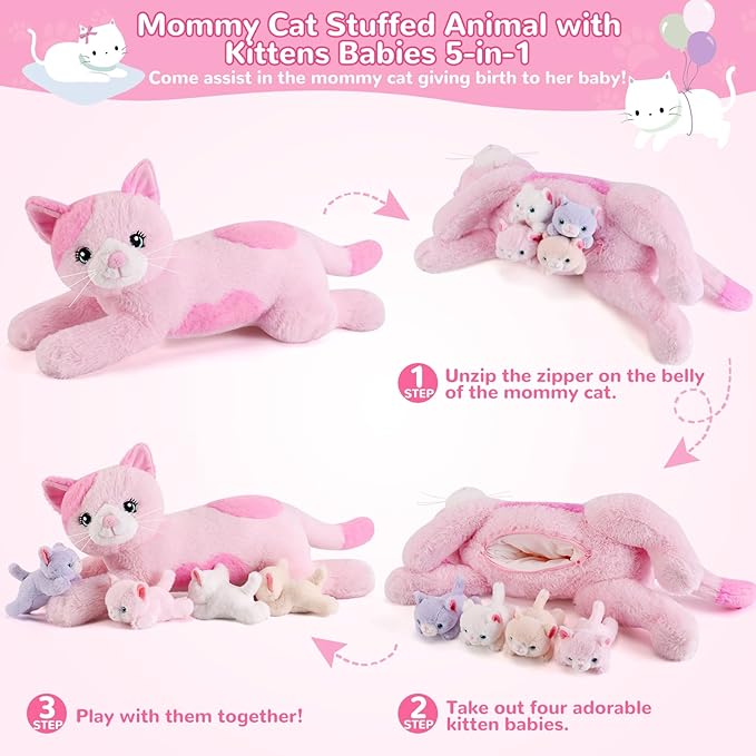 5 Pieces Cat Stuffed Animals with Babies Inside Belly - 1 Mommy Stuffed Cat with 4 Kittens - Stuffed Kitty Plush Toys for Kid Age 3-8, Gift Ideal for Christmas, Valentine's, Birthday (Pink)