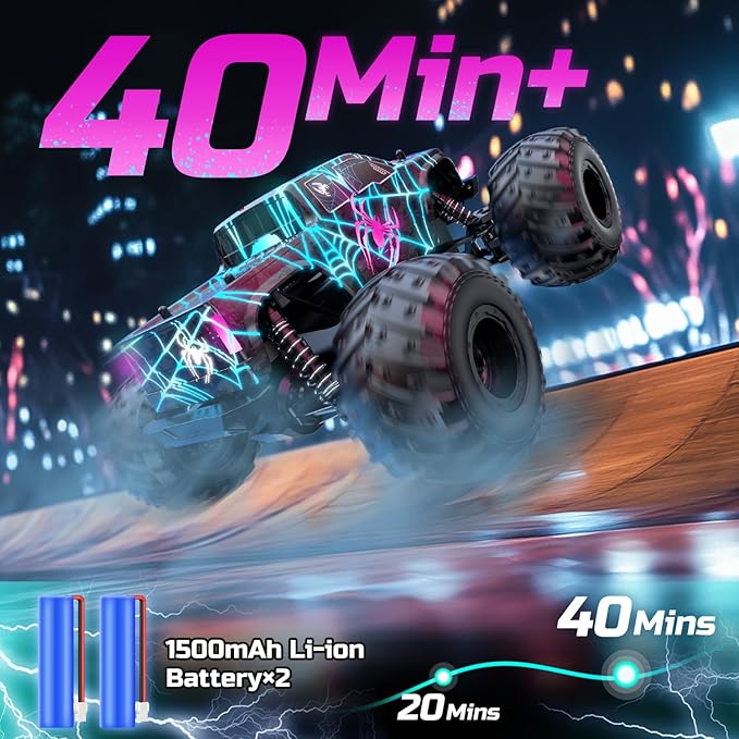DEERC 1/16 Glowing Spider Remote Control Car - Fast RC Cars W/2 Rechargeable Batteries for 40 Min Play, All Terrain Off-Road Monster Truck Toys for Boys Kids Age 4-7 8-12 Birthday Xmas Gift