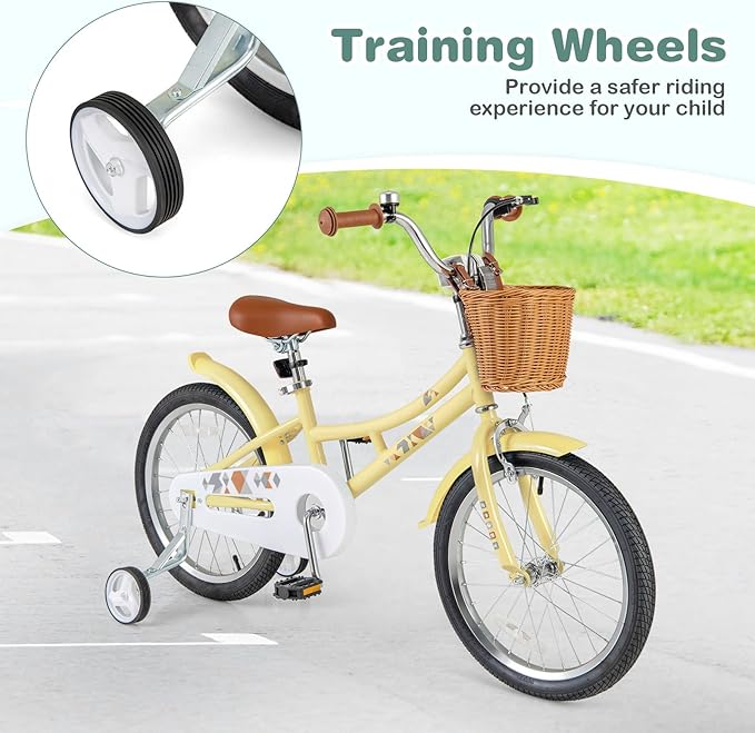 BABY JOY Retro Kids Bike, 12 14 16 18 Inch Child Bike for 3-8 Years Old w/Rattan Basket, Adjustable Height, Training Wheels, Fenders, Handbrake Coaster Brake, 95% Pre-Assembled Kids Bicycle for Girls